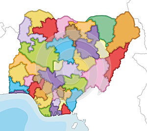 Vector illustrated regional blank map of Nigeria with states and administrative divisions, and neighbouring countries. photo