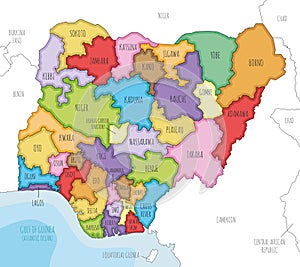 Vector illustrated regional map of Nigeria with states and administrative divisions, and neighbouring countries and territories. photo