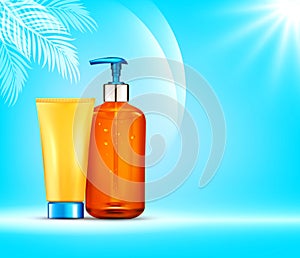 Vector illustratin. 3d bottles with sun protection cosmetic pro