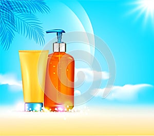 Vector illustratin. 3d bottles with sun protection cosmetic pro