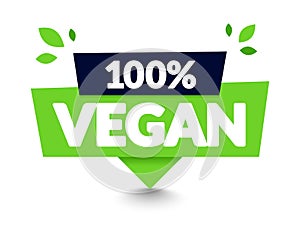 Vector Illustration 100 Percent Vegan Tooltip Label. Modern Web Banner Element With Leaf