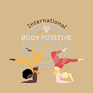 Vector illustration with 2 happy oversized women in yoga positions handstand. International body positive. Sports and health body