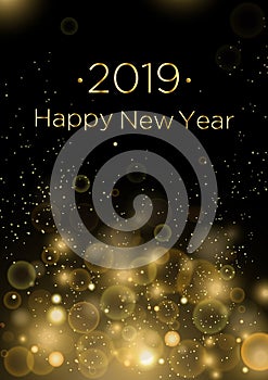 Vector illustration of 2019 Happy New Year greeting card background with gold dust and sparkles, blindfolds. Concept for