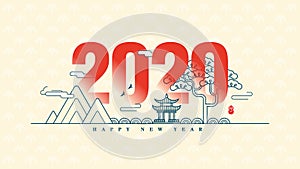 Vector illustration. 2020 Happy New Year design template, East Asian traditional culture style, seal hieroglyph meaning spring