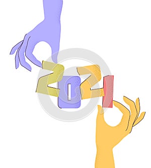 Vector Illustration 2021 with flat cartoon numbers and human hands with trendy grain textured shadow. HAPPY NEW YEAR and greeting