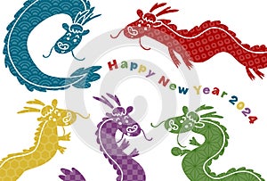 Vector illustration of 2024 New Year\'s card. Cute dragons with Japanese pattern background pattern.