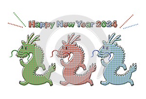 Vector illustration of 2024 New Year\'s card. Cute dragons with a pop of polka dots.