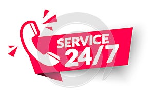 Vector Illustration 24 7 Service Label. Modern Web Banner With Telephone Icon