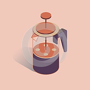 Vector illustration with 3D coffee pot FRENCH PRESS. Coffee maker in isometric flat style