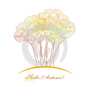 Vector illustration with abstract autumn tree with blots in pastel isolated on white. Contour floral elements for September design