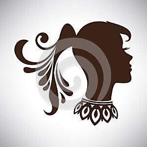 Vector illustration of abstract Beautiful Indian woman silhouette in profile with tail and necklace