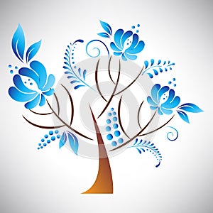 Vector illustration of abstract beautiful tree with blue floral element in Russian gzhel style leaf