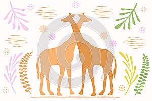 Vector illustration of an abstract plant background and two giraffes