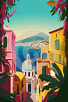 Vector illustration of abstract of a seaside town, beautiful travel European destination