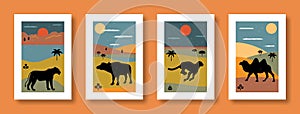 Vector illustration abstract still life with animals. Collection of abstract posters with animals lioness, buffalo, cheetah, camel