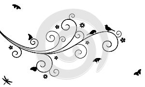 Vector illustration of abstract, swirl, decorated with blooming flowers tree branch with couple of birds, butterflies