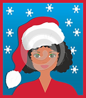 Vector illustration, Girl with curly hair dressed as Santa Claus.