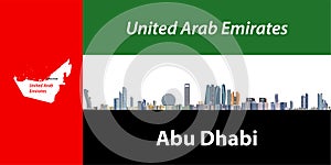 Vector illustration of Abu Dhabi city skyline with flag of United Arab Emirates on background
