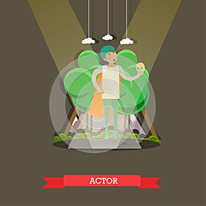 Vector illustration of actor playing at the theater, flat design.