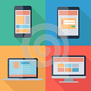 Vector illustration of adaptive web design on electronic devices phone, tablet, notebook, monitor photo