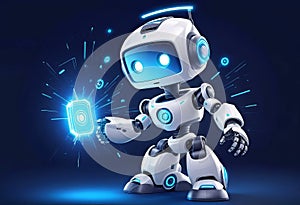 vector illustration, Adorable 3D robot character interacting with smartphone virtual interface, cyber cartoon character,