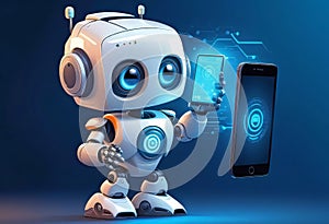 vector illustration, Adorable 3D robot character interacting with smartphone virtual interface, cyber cartoon character,