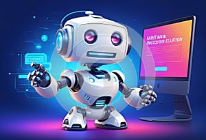 vector illustration, Adorable 3D robot character interacting with smartphone virtual interface, cyber cartoon character,