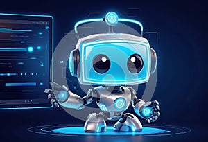 vector illustration, Adorable 3D robot character interacting with smartphone virtual interface, cyber cartoon character,