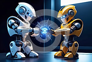 vector illustration, Adorable 3D robot character interacting with smartphone virtual interface, cyber cartoon character,