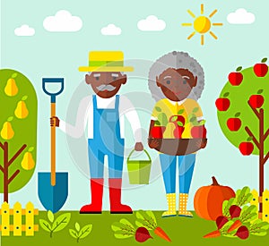 Vector Illustration of adult gardener family and landscape with gardening concept