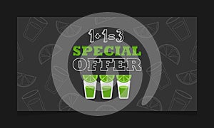 Vector illustration. Advertising banner. Tequila shots, special offer