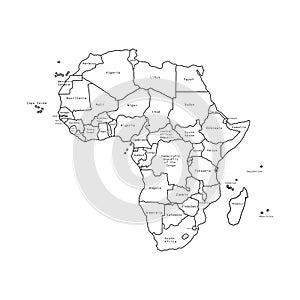 Vector illustration of Africa black outline map with countries. Vector map.