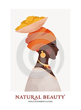 Vector illustration - african american. Black young beautiful woman portrait with turban and lemons. Modern feminine woman with