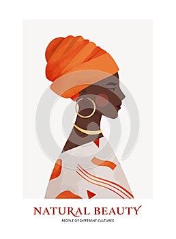 Vector illustration - african american. Black young beautiful woman portrait with turban. Modern feminine woman with dark skin.