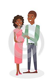 Vector illustration of African American couple. Black people family couple. Man and pregnant pretty woman. Happy young