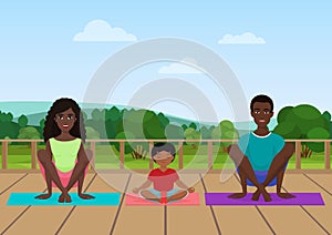 Vector illustration of the african american family meditating on the nature field background.