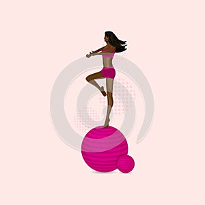 Vector illustration of African American girl in gym suit stands on one leg