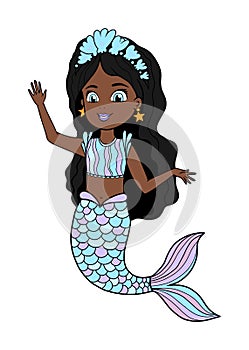 Vector illustration of an African American little mermaid with a blue tail and dress. Beautiful dark-skinned girl waves her hand.
