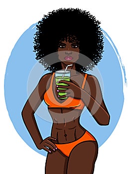 Vector illustration of African American type woman with curly hair in bikini.