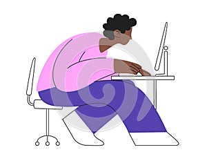 Vector illustration of an African man working at computer. Deep concentration and focus on the job task. work