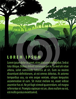 Vector illustration of african savannah safari landscape with wildlife animals silhouettes in sunset design template