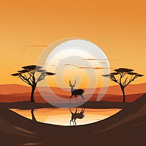 vector illustration of african sunset with a deer in the foreground and trees in the background