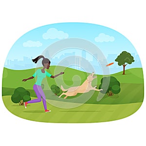 Vector illustration of the African woman playing with dog in the park. Frisbee sport.