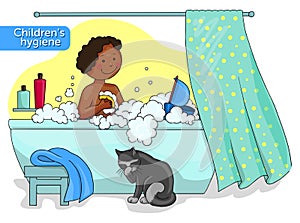 Vector illustration of an afro american baby taking a bath and sitting black cat