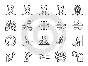 Air pollution line icon set. Included icons as smoke, smell, pollution, factory, dust and more.