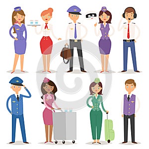 Vector Illustration airline plane personnel staff pilots and stewardess air hostess flight attendants people command