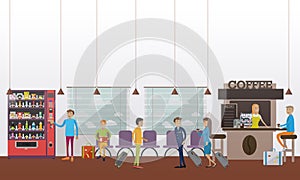 Vector illustration of airport waiting hall, cafe, passengers, flat style.