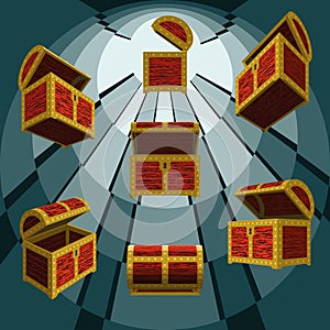Vector illustration of an ajar empty chests in different angles
