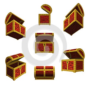 Vector illustration of an ajar empty chests in different angles.