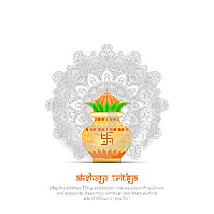 Vector illustration of Akshaya Tritiya celebration with a golden kalash,gold bar and gold coins on decorated background photo